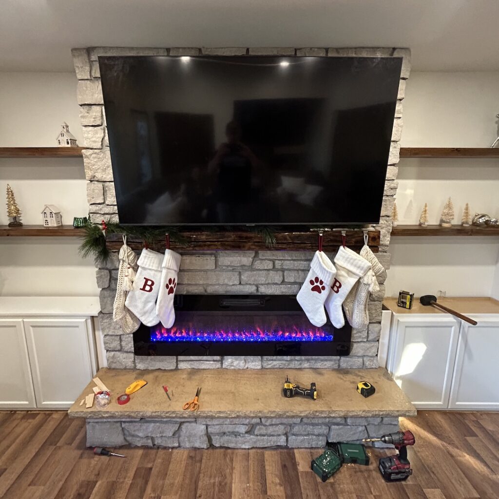 basement finish: fireplace shelves/cabinets