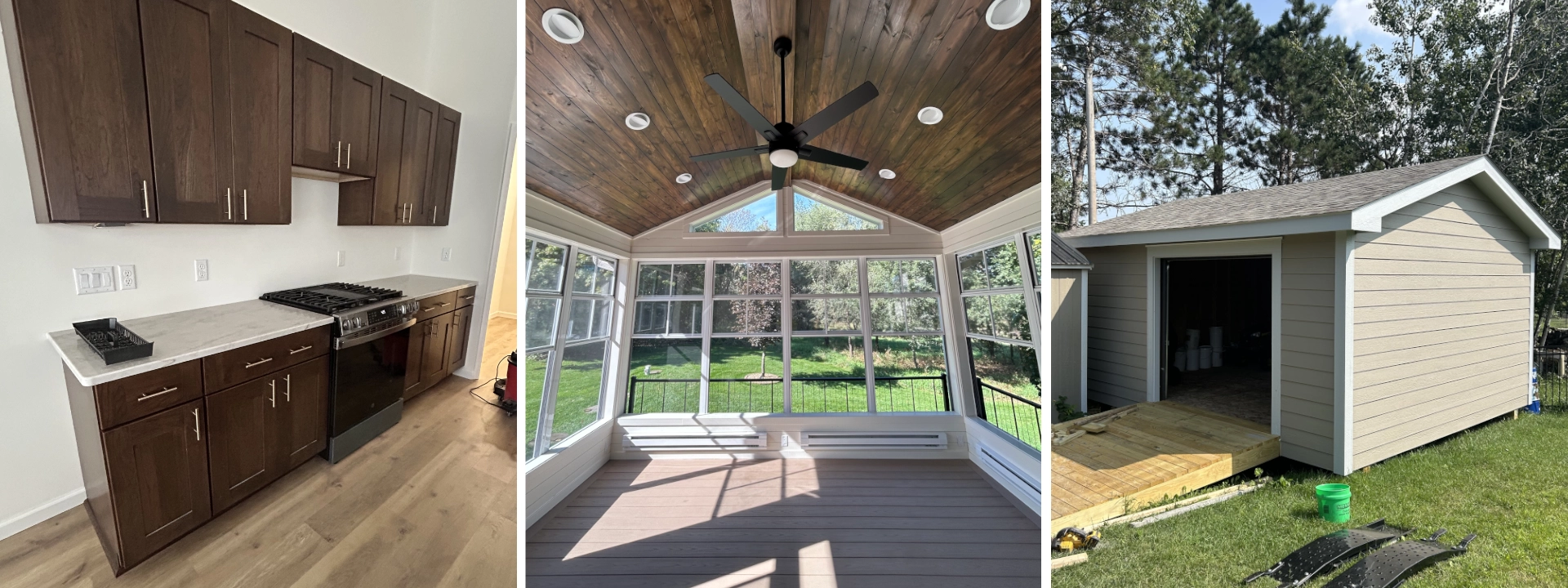 photo collage: interior 3-season porch, kitchen cabinets, garage build